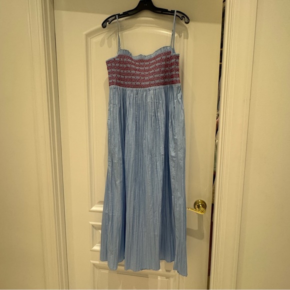 J. Crew Dresses & Skirts - J. Crew Light Blue Midi Dress with Red Smocked Bodice